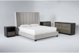 Topanga 4 Piece California King Velvet Upholstered Bed Set With Bayliss Dresser, Bachelors Chest + Open Nightstand