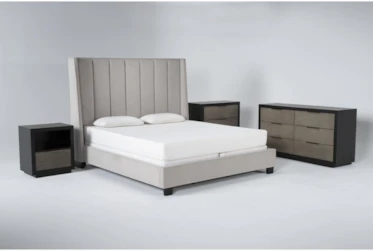 Topanga Grey 4 Piece California King Velvet Upholstered Bed Set With Bayliss Dresser, Bachelors Chest + Open Nightstand