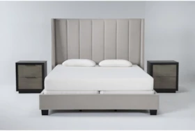 Topanga Grey 3 Piece California King Velvet Upholstered Bed Set With 2 Bayliss Nightstands