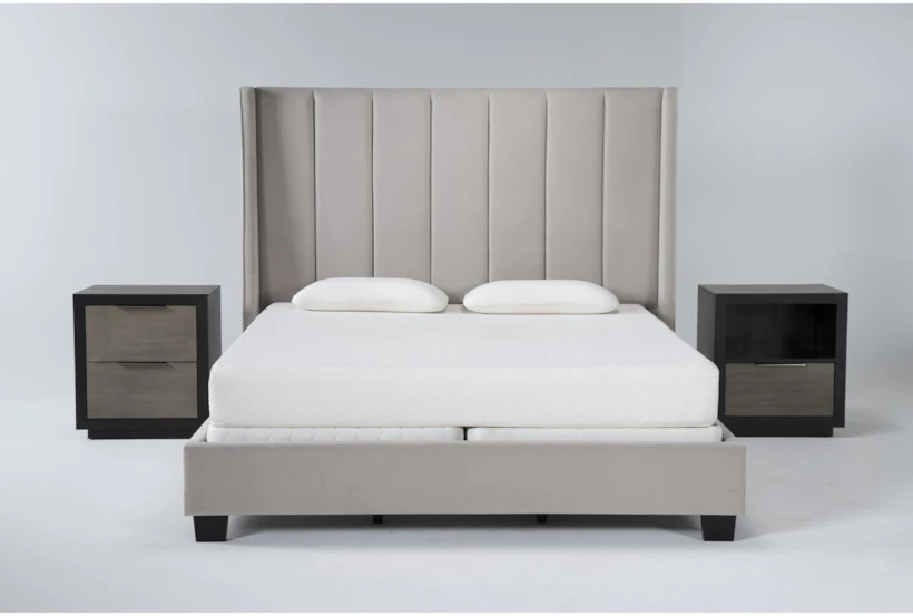 Topanga Grey California King Velvet Upholstered 3 Piece Bedroom Set With Bayliss Nightstand + Open Nightstand - 360