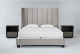 Topanga 3 Piece California King Velvet Upholstered Bed Set With 2 Bayliss Open Nightstands