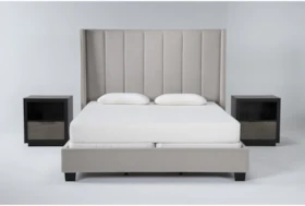 Topanga Grey 3 Piece California King Velvet Upholstered Bed Set With 2 Bayliss Open Nightstands