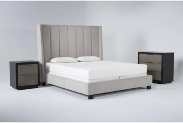Topanga Grey 3 Piece Eastern King Velvet Upholstered Bed Set With Bayliss Bachelors Chest + Nightstand