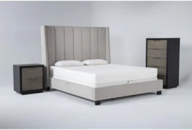 Topanga Grey 3 Piece Eastern King Velvet Upholstered Bed Set With Bayliss Chest Of Drawers + Nightstand