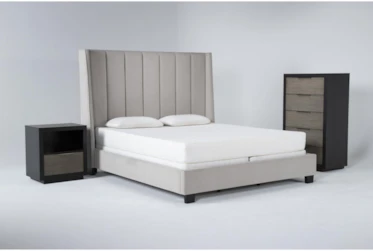 Topanga Grey 3 Piece Eastern King Velvet Upholstered Bed Set With Bayliss Chest Of Drawers + Open Nightstand