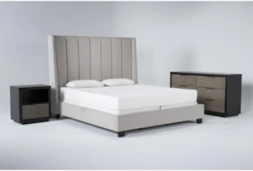 Topanga Grey 3 Piece Eastern King Velvet Upholstered Bed Set With Bayliss Dresser + Open Nightstand