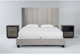 Topanga Grey 3 Piece Eastern King Velvet Upholstered Bed Set With Bayliss Nightstand + Open Nightstand