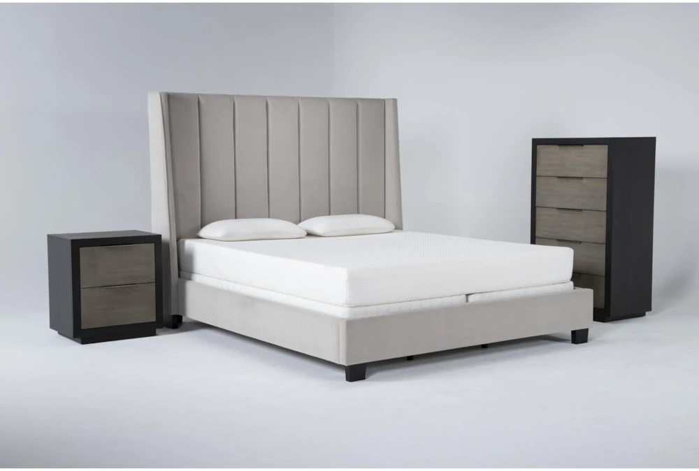 Topanga Grey Queen Velvet Upholstered 3 Piece Bedroom Set With Bayliss Chest Of Drawers + Nightstand