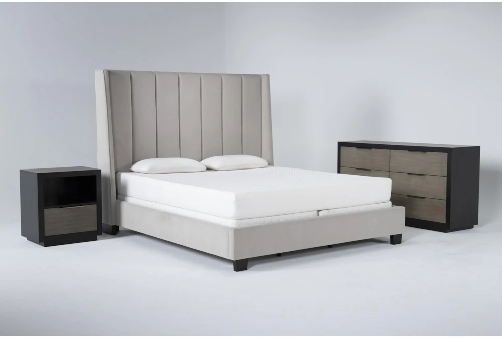 Topanga Grey Queen Velvet Upholstered 3 Piece Bedroom Set With Bayliss Dresser + Open Nightstand