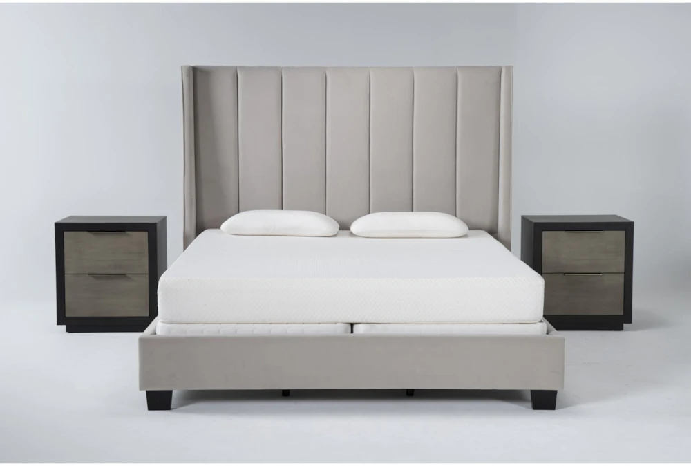 Topanga Grey Queen Velvet Upholstered 3 Piece Bedroom Set With 2 Bayliss Nightstands