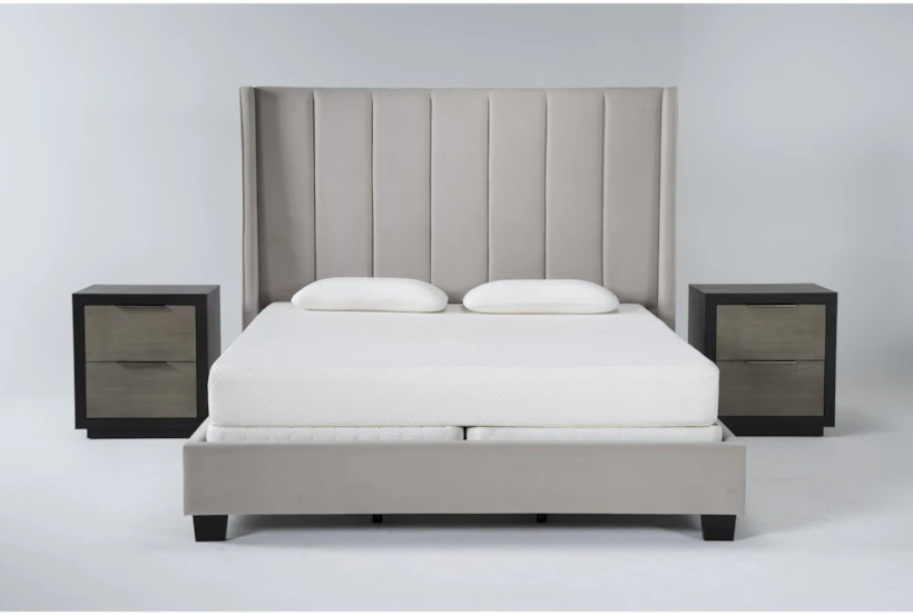 Topanga Grey Queen Velvet Upholstered 3 Piece Bedroom Set With 2 Bayliss Nightstands - 360
