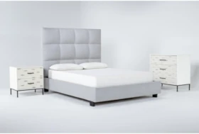 Boswell 3 Piece Queen Upholstered Bedroom Set With Elden Bachelors Chest + 2 Drawer Nightstand