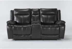 Hogan Charcoal Leather 78" Power Reclining Console Loveseat With Power Headrest & Usb