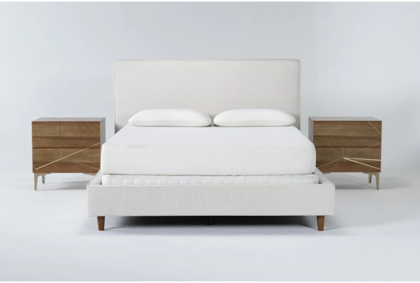 Dean Sand Queen Upholstered 3 Piece Bedroom Set With 2 Talbert 2 Drawer Nightstands - 360