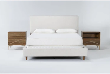 Dean Sand 3 Piece Queen Upholstered Bedroom Set With Talbert 2 Drawer Nightstand + 1 Drawer Nightstand