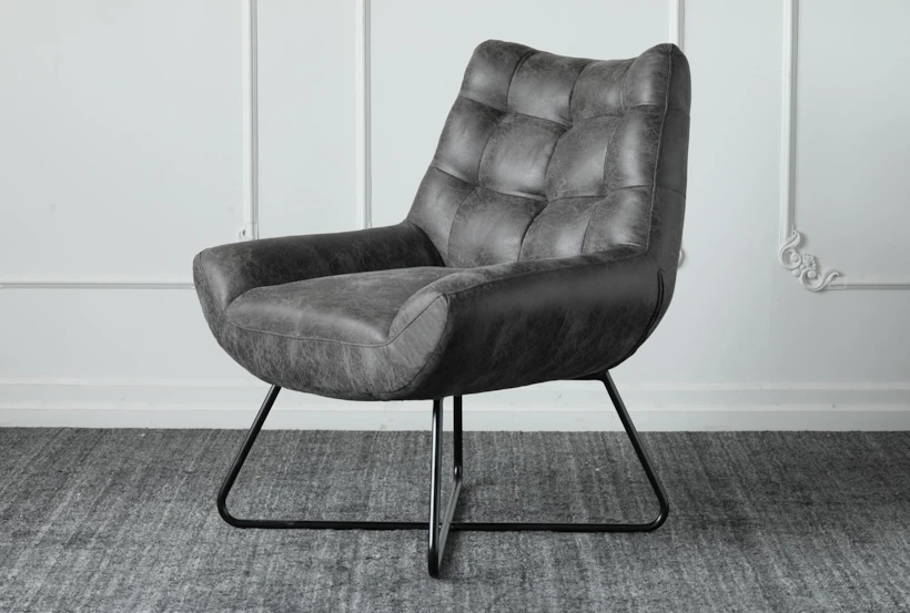Antique Black Faux Leather + Iron Accent Chair - 360