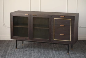 Natural Elm Sideboard With Reeded Glass Doors + 3 Drawers