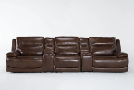 Ambrose Brown Leather 131" 5 Piece Power Zero Gravity Reclining Modular Home Theater Sectional with Power Headrest & USB