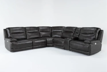 Ambrose Grey Leather 131" 6 Piece Power Reclining Modular Sectional with Power Headrest & USB