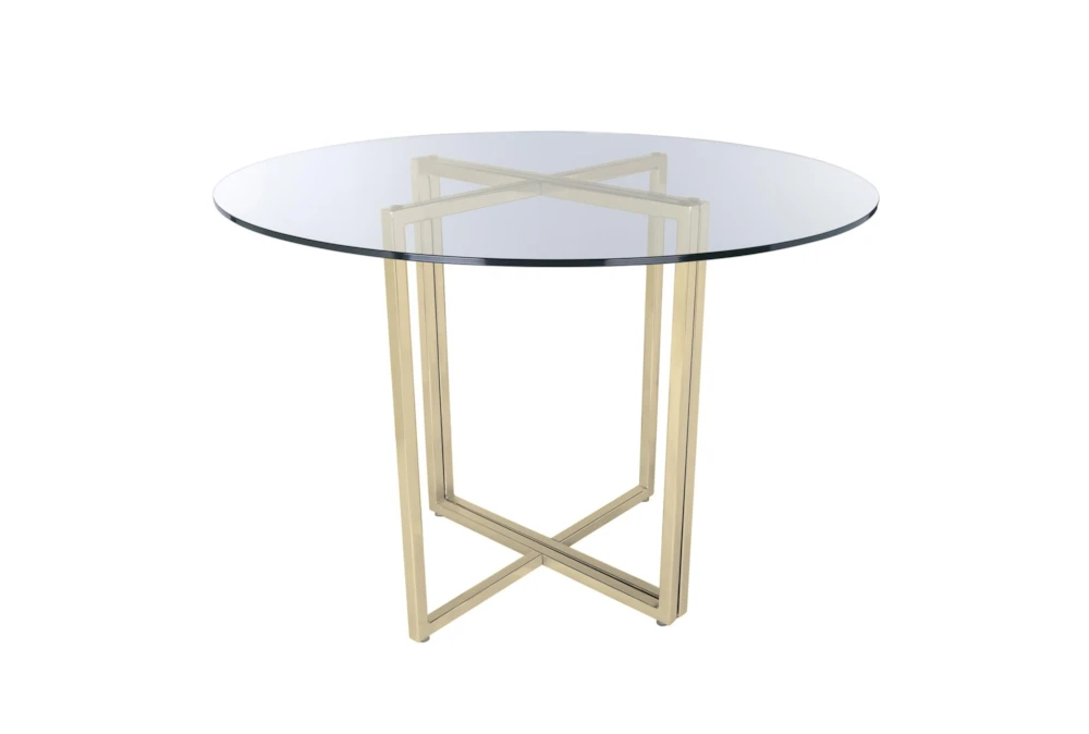 Revis Matte Brushed Gold 36" Round Dining Table With Clear Glass Top