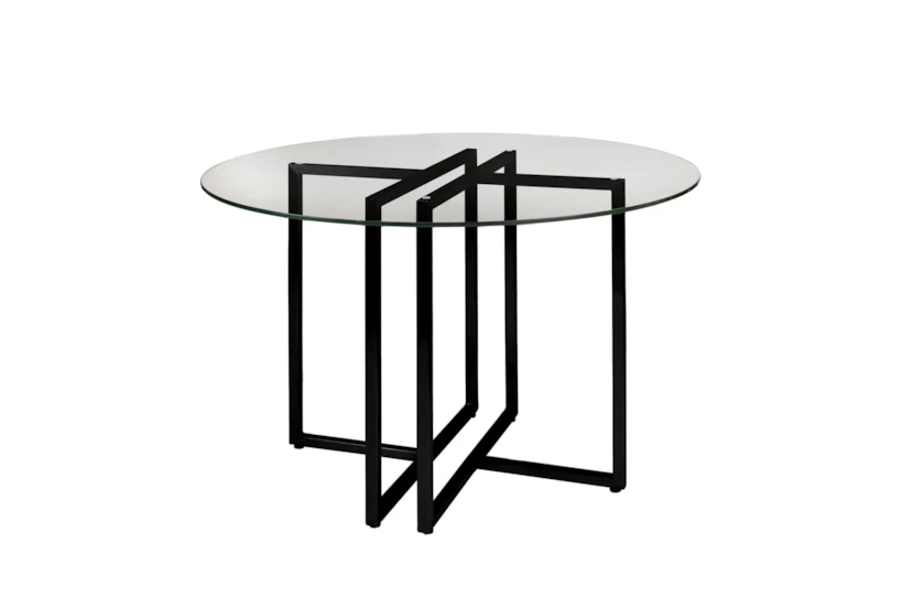 Revis Matte Black Steel 42 Inch Round Dining Table With Clear Glass Top - 360