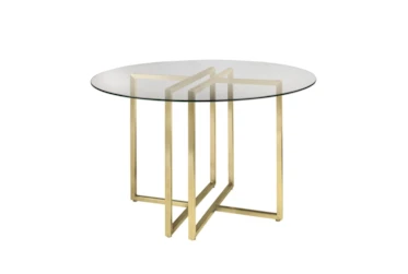 Revis Matte Brushed Gold 42 Inch Round Dining Table With Clear Glass Top