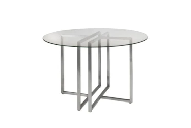 Revis Brushed Stainless Steel 42 Inch Round Dining Table With Clear Glass Top