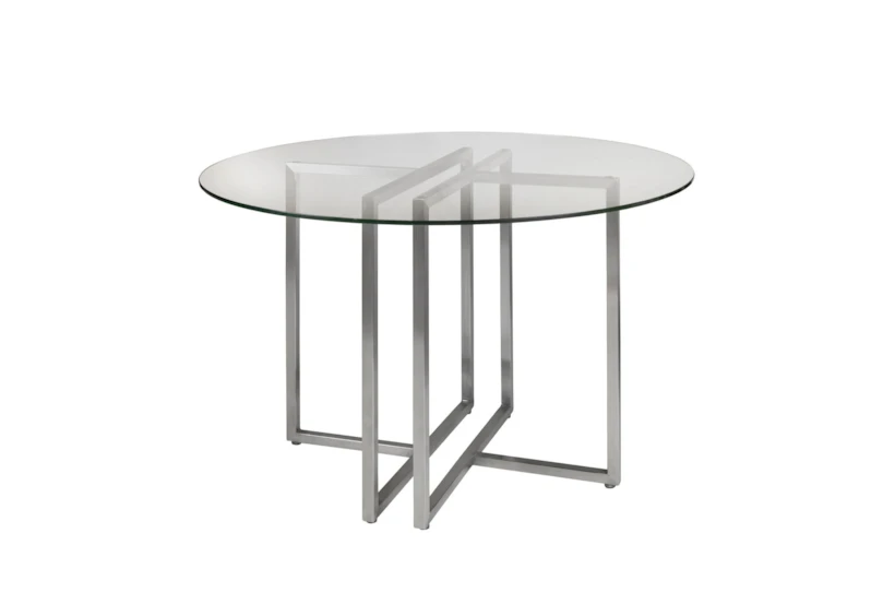 Revis Brushed Stainless Steel 42" Round Dining Table With Clear Glass Top - 360