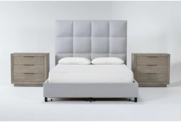 Boswell 3 Piece California King Upholstered Storage Bedroom Set With 2 Pierce Natural 3-Drawer Nightstands