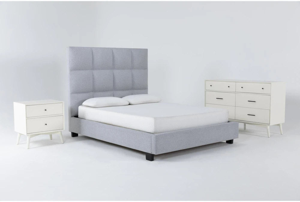 Boswell Grey California King Upholstered 3 Piece Bedroom Set With Alton White II Dresser + Nightstand