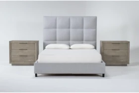 Boswell 3 Piece California King Upholstered Bedroom Set With 2 Pierce Natural 3-Drawer Nightstands