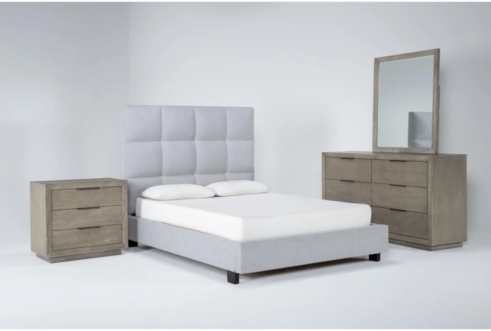 Boswell California King Upholstered 4 Piece Bedroom Set With Pierce Natural Dresser, Mirror + 3-Drawer Nightstand