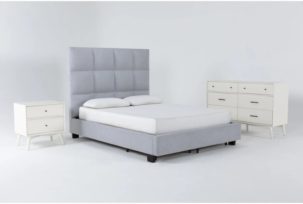 Boswell Grey King Upholstered Storage 3 Piece Bedroom Set With Alton White II Dresser + Nightstand