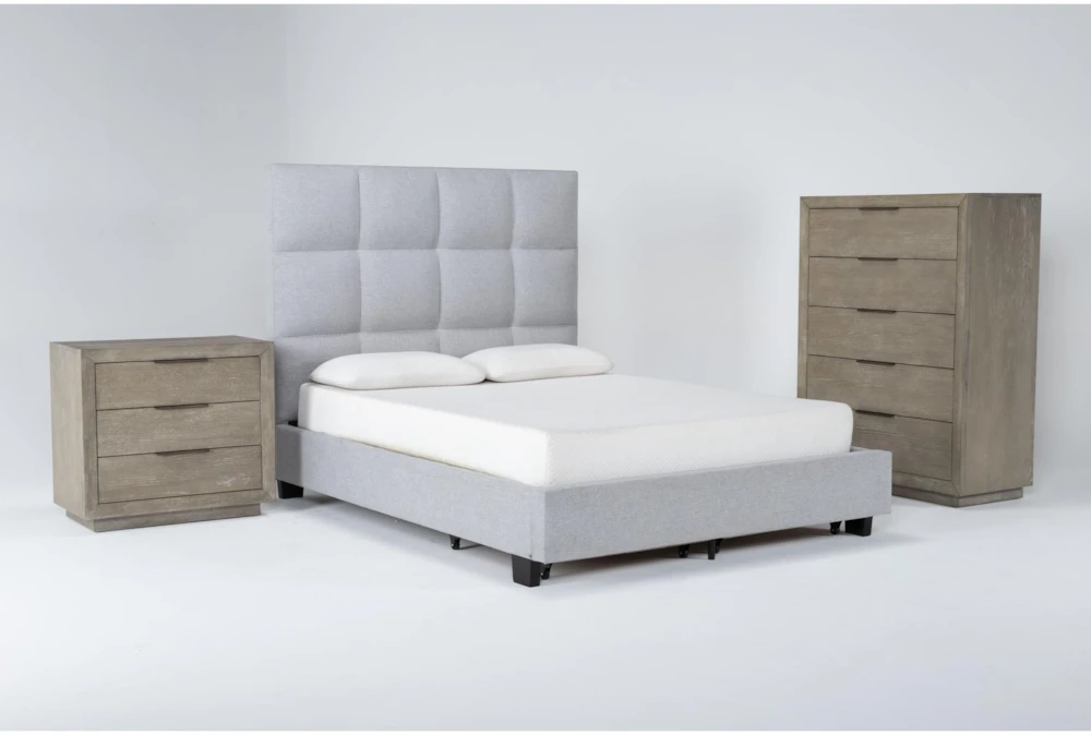 Boswell 3 Piece Eastern King Upholstered Storage Bedroom Set With Pierce Natural Chest Of Drawers + 3-Drawer Nightstand