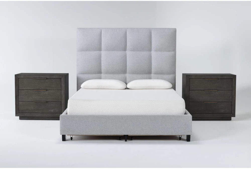 Boswell Grey Queen Upholstered Storage 3 Piece Bedroom Set With 2 Pierce Espresso 3-Drawer Nightstands
