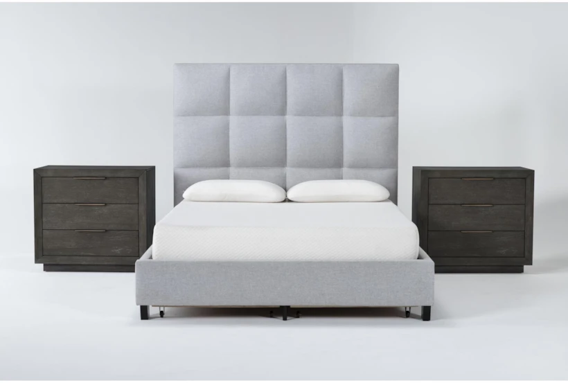 Boswell Grey Queen Upholstered Storage 3 Piece Bedroom Set With 2 Pierce Espresso 3-Drawer Nightstands - 360