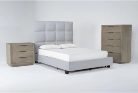 Boswell 3 Piece Queen Upholstered Storage Bedroom Set With Pierce Natural Chest Of Drawers + 3-Drawer Nightstand