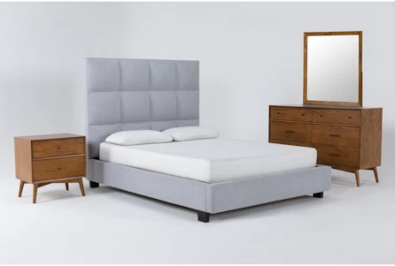 Boswell Queen Upholstered 4 Piece Bedroom Set With Alton Cherry Dresser, Mirror + Nightstand