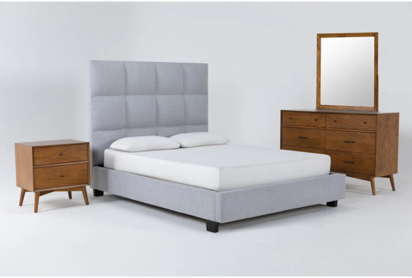 Boswell Queen Upholstered 4 Piece Bedroom Set With Alton Cherry Dresser, Mirror + Nightstand - 360