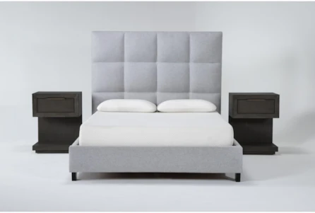 Boswell Queen Upholstered 3 Piece Bedroom Set With 2 Pierce Espresso 1-Drawer Nightstands