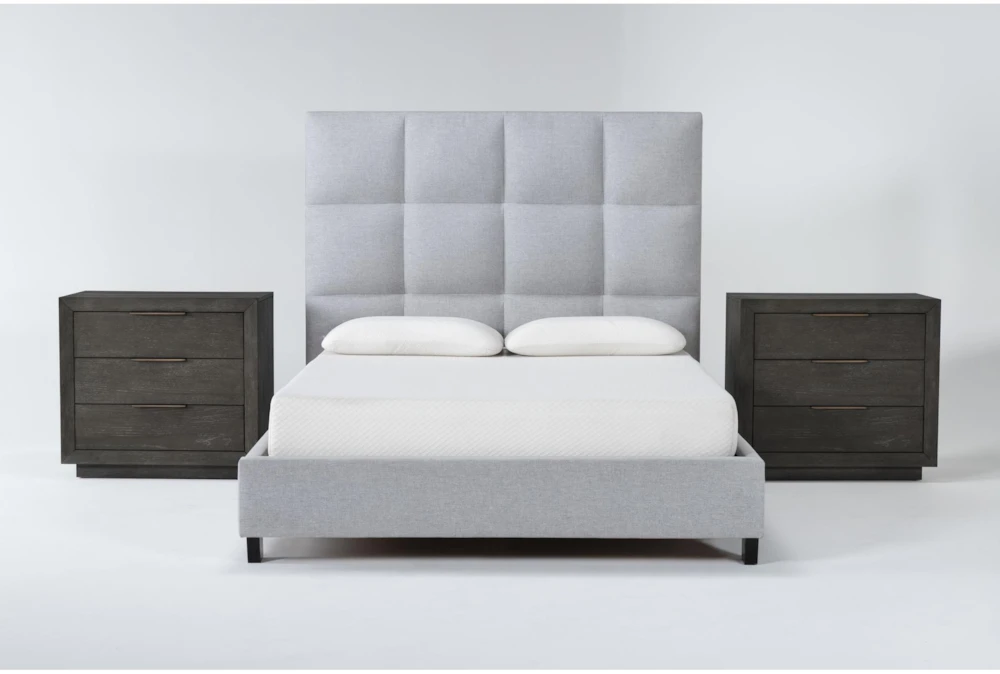 Boswell Grey Queen Upholstered 3 Piece Bedroom Set With 2 Pierce Espresso 3-Drawer Nightstands