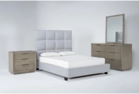 Boswell 4 Piece Queen Upholstered Bedroom Set With Pierce Natural Dresser, Mirror + 3-Drawer Nightstand