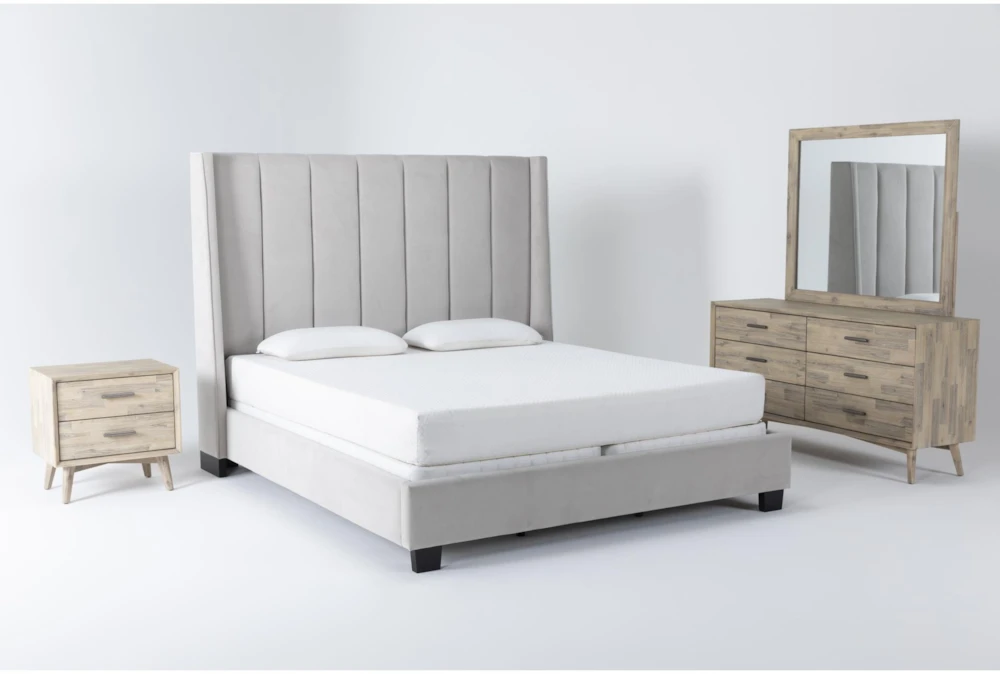 Topanga Grey California King Velvet Upholstered 4 Piece Bedroom Set With Allen Dresser, Mirror + Nightstand