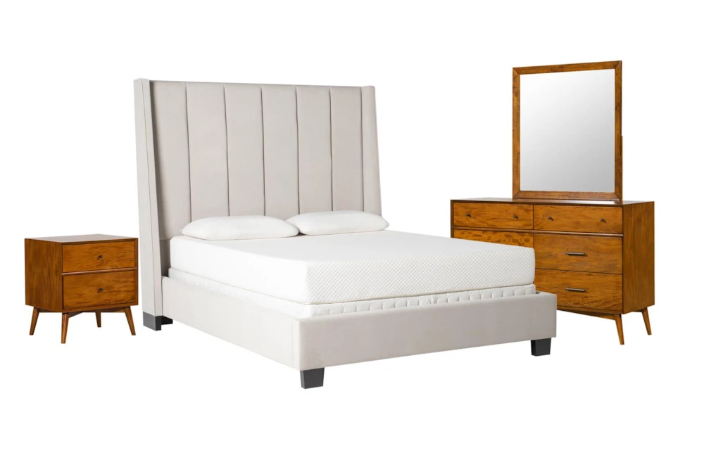Topanga Grey California King Velvet Upholstered 4 Piece Bedroom Set With Alton Cherry Dresser, Mirror + Nightstand