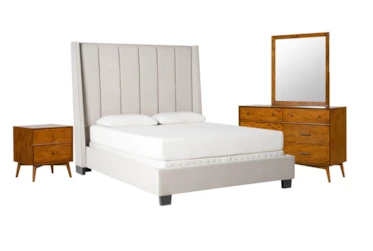 Topanga Grey 4 Piece California King Velvet Upholstered Bedroom Set With Alton Cherry Dresser, Mirror + Nightstand