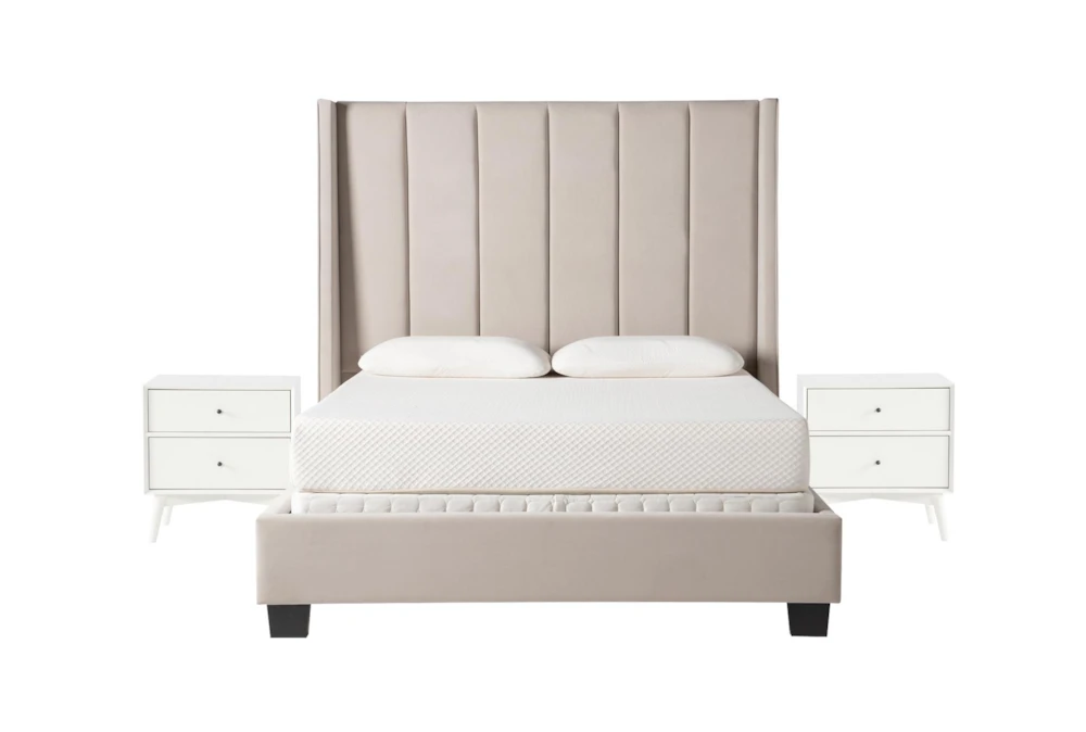 Topanga Grey California King Velvet Upholstered 3 Piece Bedroom Set With 2 Alton White II Nightstands
