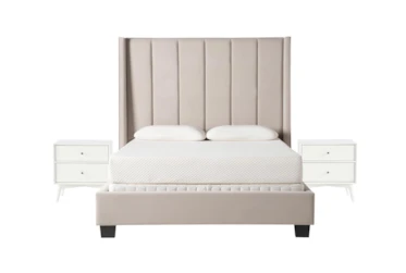 Topanga Grey 3 Piece California King Velvet Upholstered Bedroom Set With 2 Alton White II Nightstands
