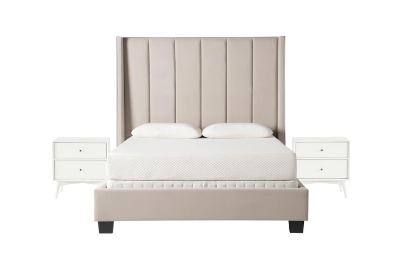 Topanga Grey California King Velvet Upholstered 3 Piece Bedroom Set With 2 Alton White II Nightstands - 360
