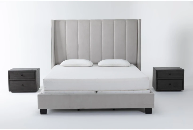 Topanga Grey California King Velvet Upholstered 3 Piece Bedroom Set ...