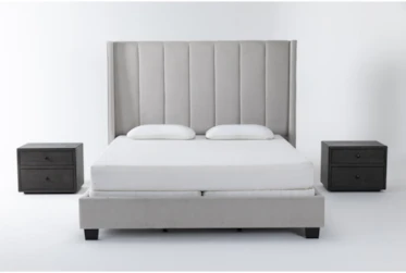 Topanga Grey 3 Piece California King Velvet Upholstered Bedroom Set With 2 Dylan 2-Drawer Nightstands